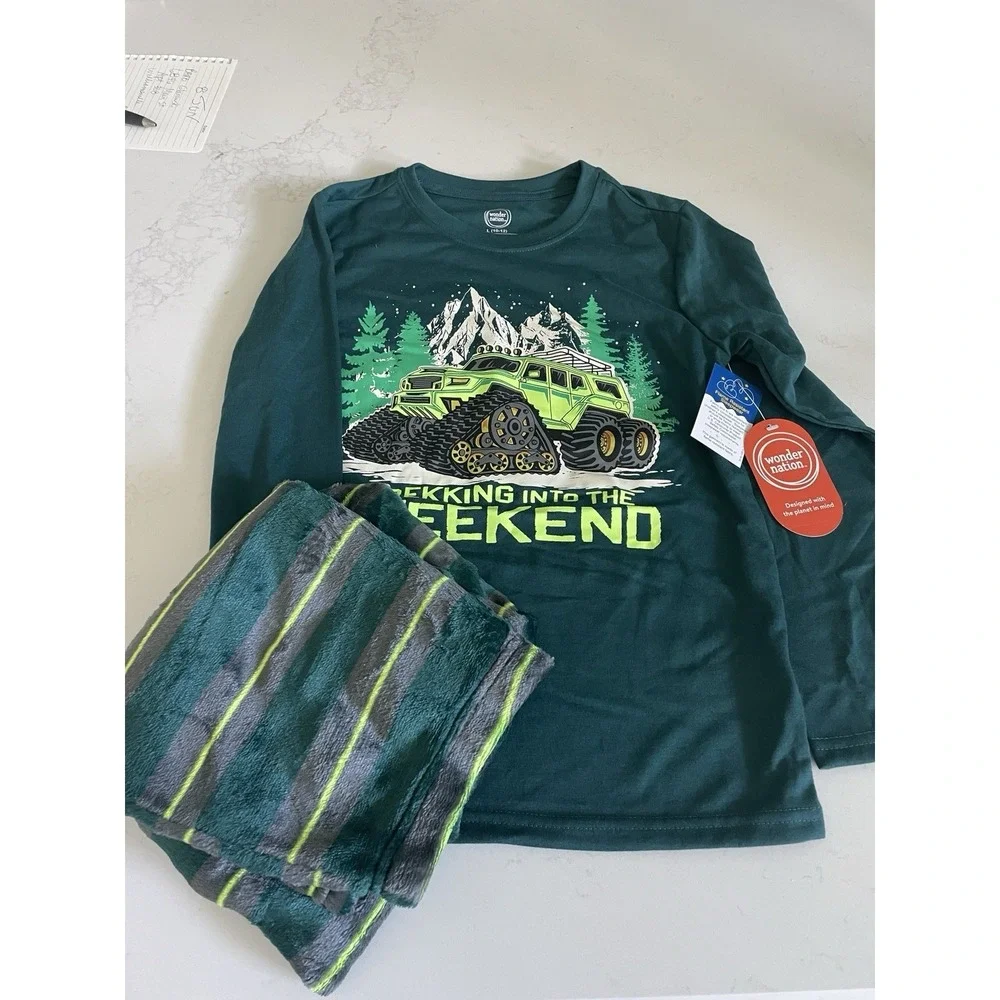 Wonder Nation Boys Pajama Set L 10-12‎ Green Monster Truck Flame Resistant New